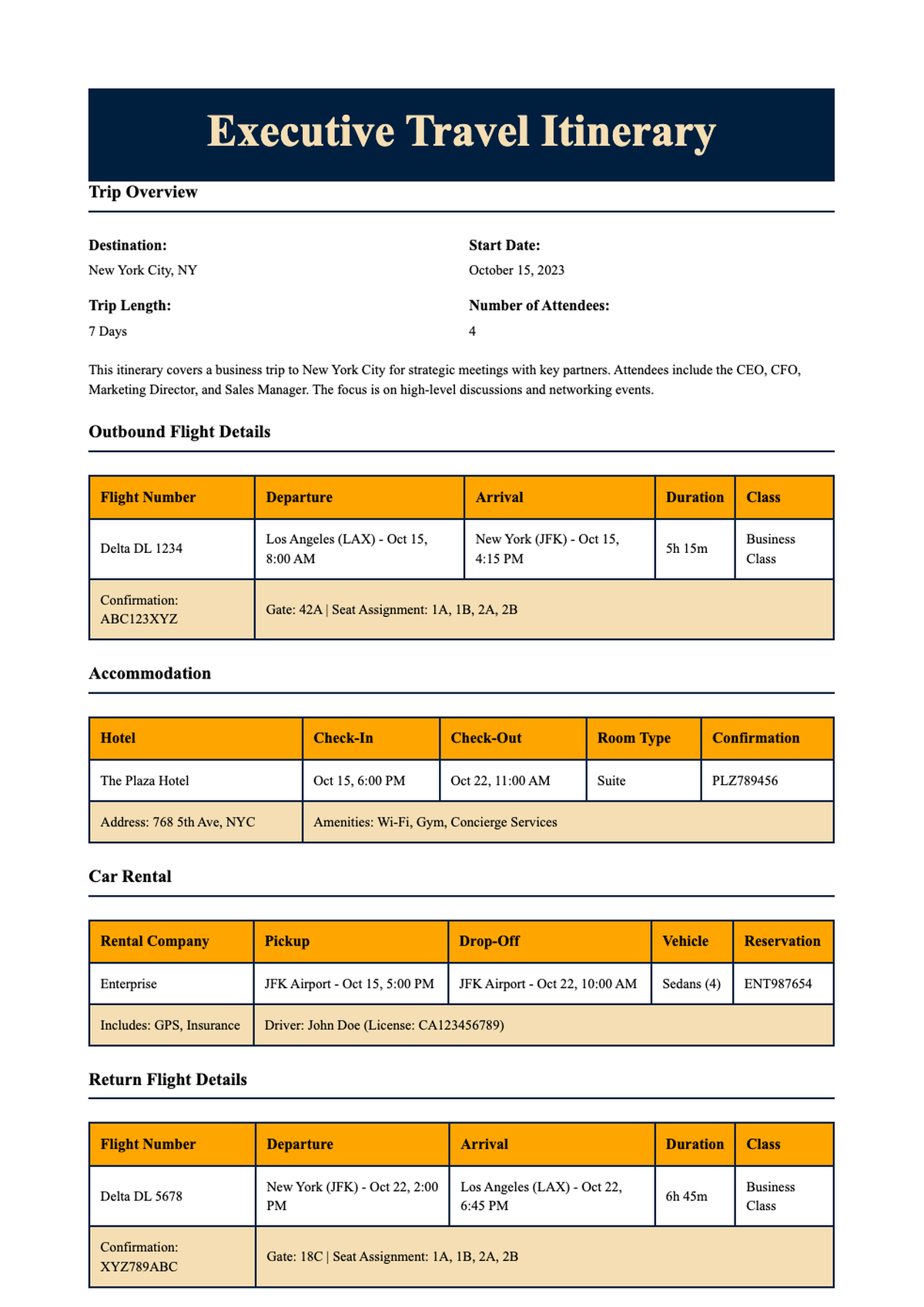Executive travel itinerary template with flight accommodation and car rental sections_variant_2